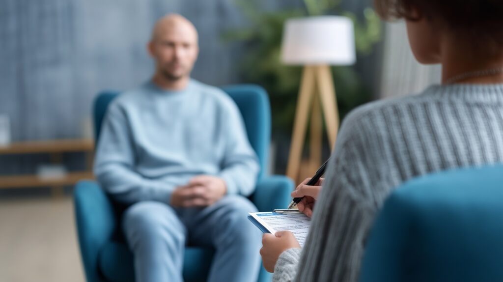 Frau in Rückenansicht und Mann mit dem Gesicht zur Kamera sitzen sich auf blauen Sesseln gegenüber.